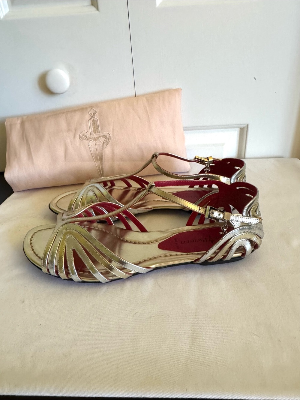 CESARE PACIOTTI Gold Metallic Leather Strapped Sandals 8 EUC